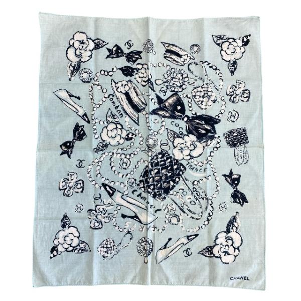 シャネル スカーフ ハンカチ バンダナ カメリア ロゴ ココマーク ライトブルー ブラック コットン...