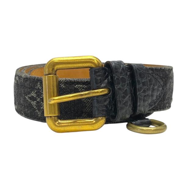 ルイ ヴィトン モノグラムデニム サンチュール ベルト レザー ノワール 黒 ブラック ゴールド金具...