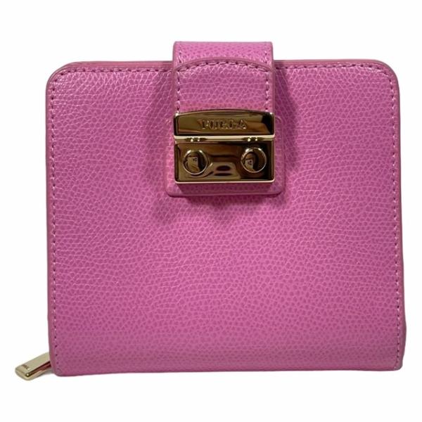 FURLA フルラ メトロポリス 二つ折り 財布 ロゴ コンパクト レザー ピンク ゴールド金具