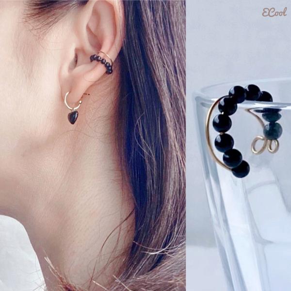 Wラインブラックオニキスサージカルステンレスイヤーカフ　2023年春夏新作 ハンドメイドアクセサリー...