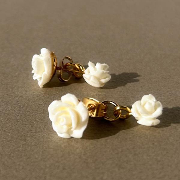2Way白バラサージカルステンレスポストピアス　2024年春夏新作 ハンドメイドアクセサリー