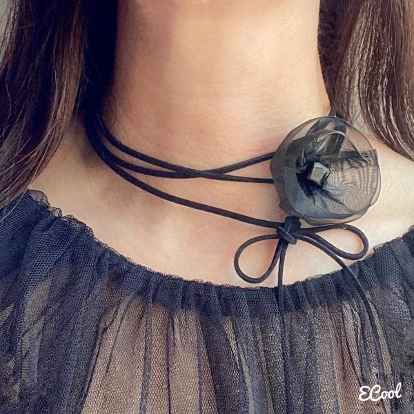 オーガンジーフラワーフェイクスウェードチョーカー[ブラックオニキス] 2023年秋冬新作　ハンドメイ...