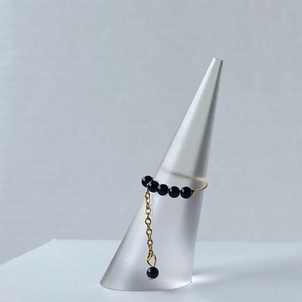 ブラックオニキスサージカルステンレスピンキーリング　2023年春夏新作　ハンドメイドアクセサリー 金...