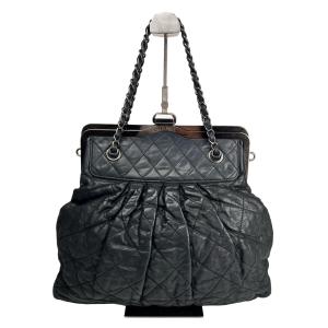 CHANEL シャネル ココマーク がま口 レザー ハンドバッグ 紺 A-16605