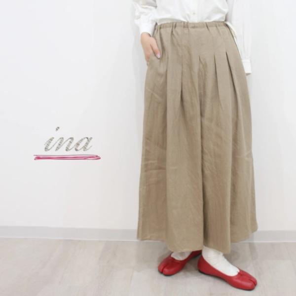 ina イナ ワイド パンツ ガウチョ スカーチョ キュロット タック ウエスト 紐 ゴム リネン ...