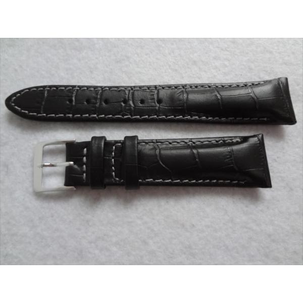 型押し 腕時計ベルト 20mm 黒色 黒 ブラック/グレー(裏)  日本製 カーフ レザーバンド