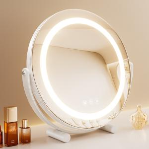 女優ミラー 卓上ミラー 卓上鏡 化粧鏡 led ライト付き 大きい 丸型 メイク鏡 ドレッサー USB充電式 180°回転 無段階調光 三色光源 おしゃれ 女性 ギフト 誕生日｜eda工房