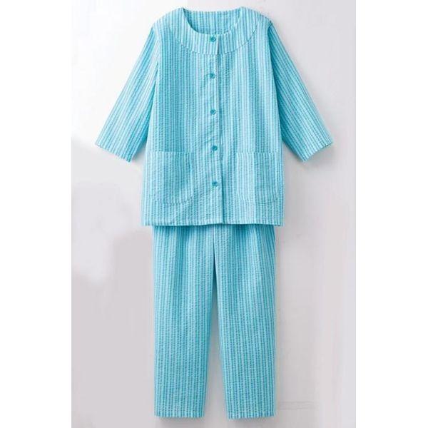 4985697239352 綿100％涼ヤカクルーネックパジャマ サックス・M【キャンセル不可】 セ...