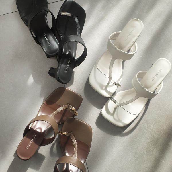 スクエアトゥ トゥリング サムリング 変形ヒールサンダル レディース 太ヒール 履きやすい