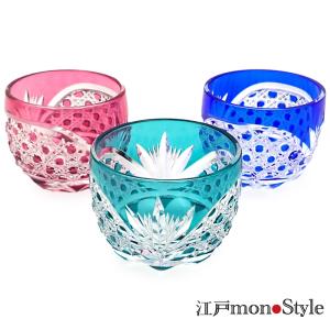 江戸切子 クリスタル ぐい呑み 八角籠目 木箱入り 瑠璃×アンバー 緑 
