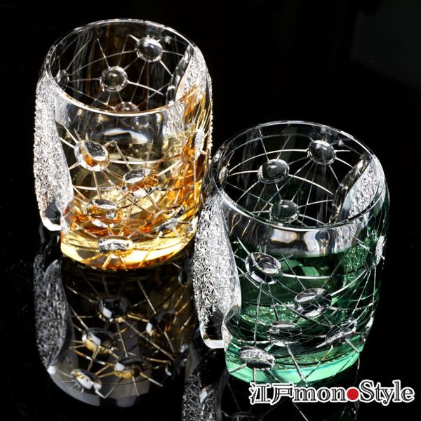 江戸切子 クリスタル グラス プラネット 二色グラス 木箱入り 黒＆黄 黒＆緑 ２色から選べる