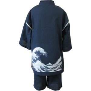 甚平（じんべい）贈り物にもお勧め　涼しい綿100%　甚平　波（なみ）（紺）