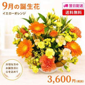 花 ギフト 誕生日 9月の誕生花 イエローオレンジアレンジ3,600円 送料無料 翌日配達 花言葉付き りんどう 写真付きメッセージ選択可