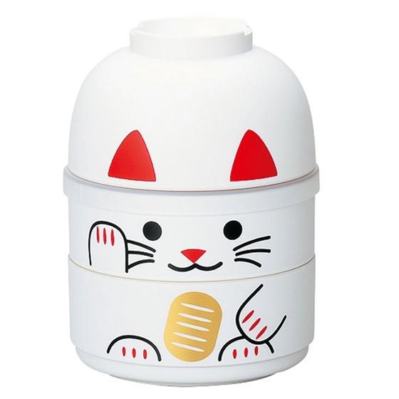 弁当箱 こけし二段弁当 まねきねこ 白 440ml（＋お椀 240ml）