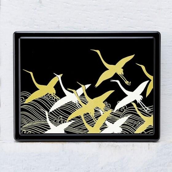 蒔絵 付箋ケース 波に鶴（黒）