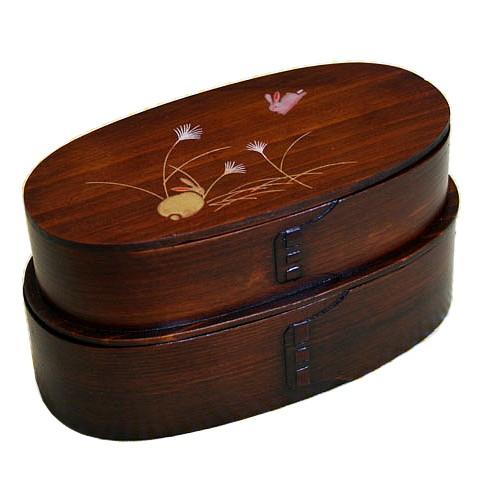 曲げわっぱ 弁当箱 小判2段入子弁当箱 (板蓋) うさぎ うるし塗 日本国内仕上げ 1030ml