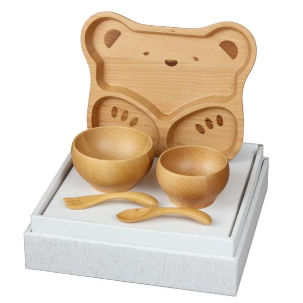 お食い初め 北欧産 ブナ 子ども食器 5点セット くま プレート 汁椀 フォーク スプーン キッズ ...