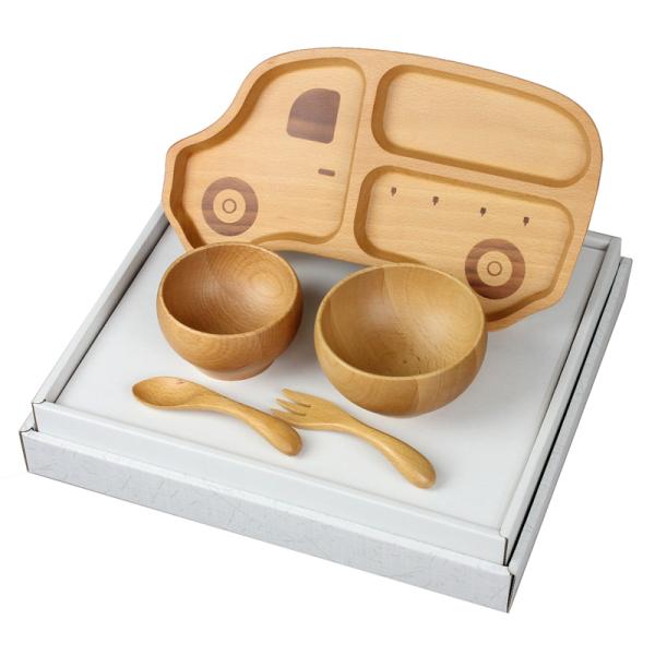 お食い初め 北欧産 ブナ 子ども食器 5点セット くるま プレート 汁椀 スプーン フォーク キッズ...