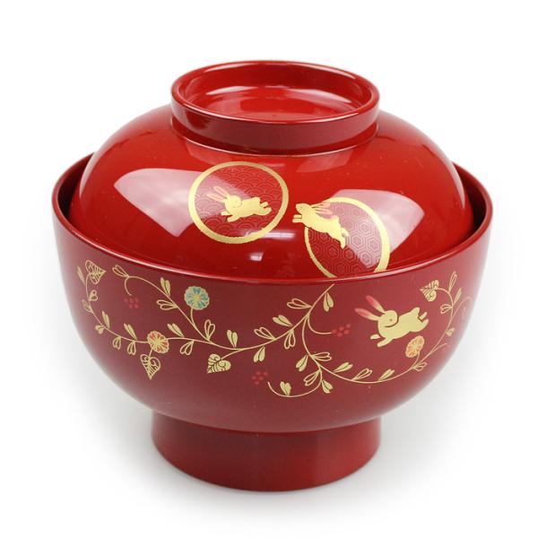 うさぎ唐草 雑煮椀 総朱（お椀 蓋つき椀 多用椀）