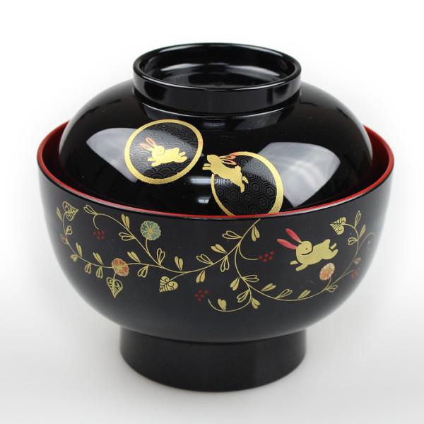 うさぎ唐草 雑煮椀 黒内朱（お椀 蓋つき椀 多用椀）