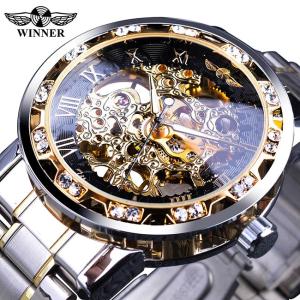 受賞ゴールデンスケルトン腕時計高級ダイヤモンドデザインシルバーステンレス鋼メンズ機械式腕時計夜光男性時計 S1089-2