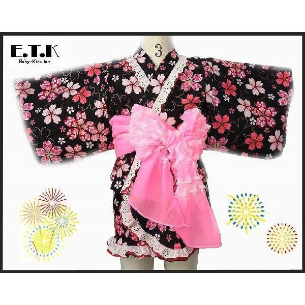 浴衣　女の子　E.T.K　日本製　キラキラ桜柄セパレートサンドレス浴衣3点セット　ブラック　80cm...