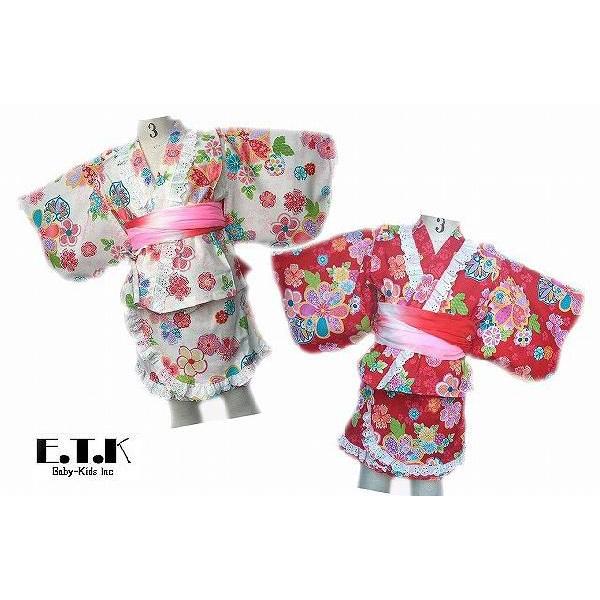 浴衣　女の子　E.T.K　etk 古典柄ミニスカートセパレート浴衣3点セット　オフシロ　レッド　日本...