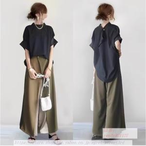 セットアップ レディース 夏 オシャレ 通勤 サマーニット 上下セット 半袖 可愛い Tシャツ ガウチョパンツ カジュアル