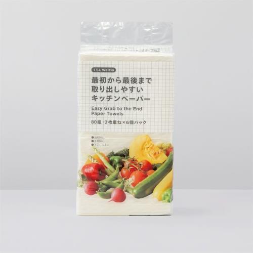 くらしWelcia　最初から最後まで取り出しやすいキッチンペーパー　80組・2枚重ね×6個パック