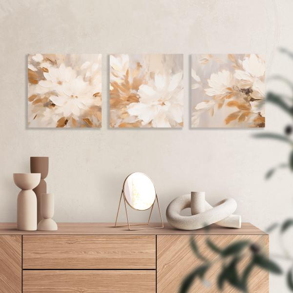正方形 アートパネル 花の抽象画 ３枚セット ジャパンディインテリアをおしゃれに　グレージュ