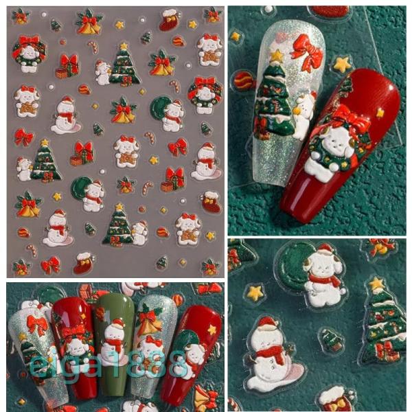 2025 年クリスマスネイルパッチ 5D レリーフ 大人子供兼用 サンタ帽 / 雪だるま / クリス...