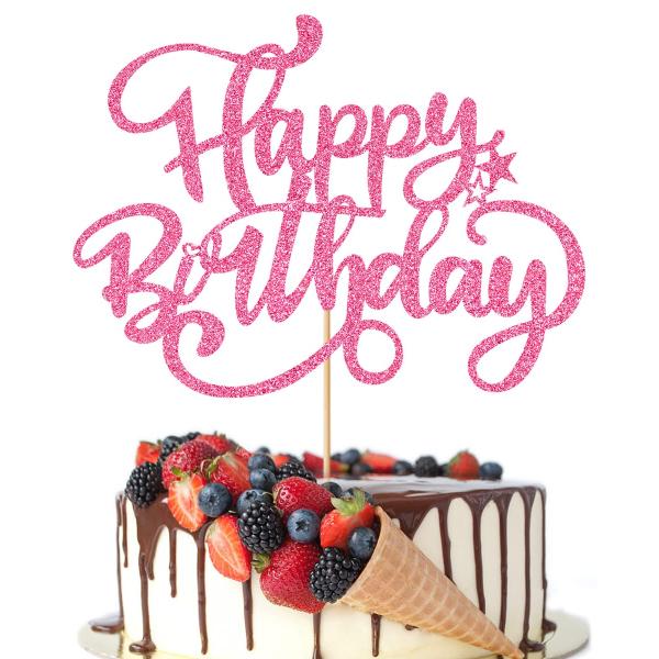 Crseniny Happy Birthdayケーキトッパー、ピンクリッター バースデーサイン ケー...