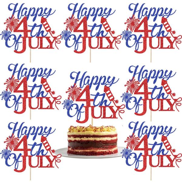 8個 Happy 4th of July ケーキトッパーセット 赤と青 キラキラ 花火 カップケーキ...