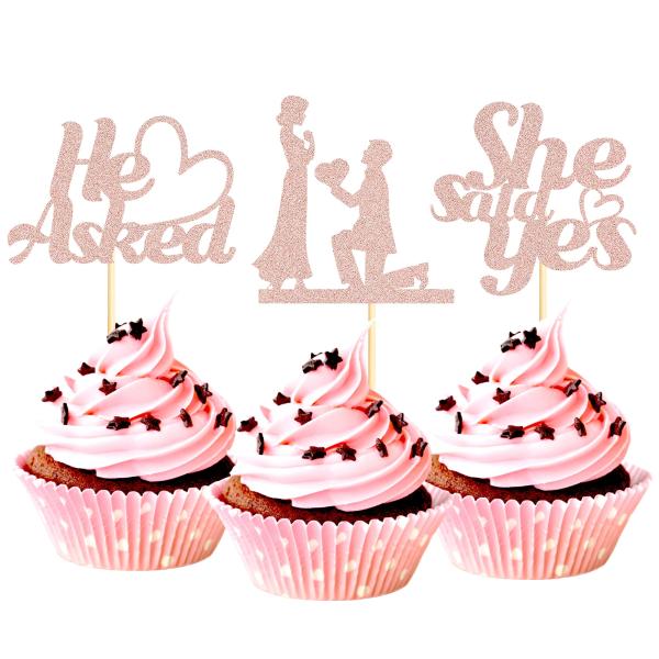 Sotpot ローズゴールド 24個 He Asked She Said Yes カップケーキトッパ...