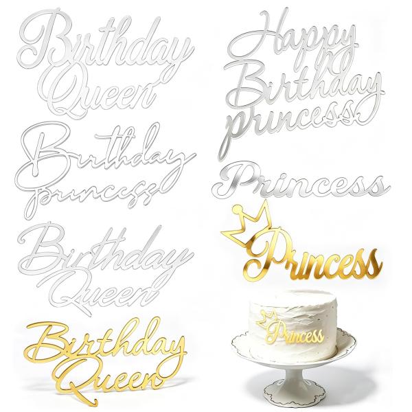 7個パック 誕生日 クイーン ケーキトッパー ゴールド シルバー Happy Birthday プリ...