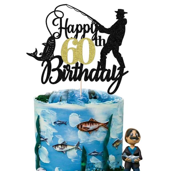 釣り Happy 60th Birthday ケーキトッパー - 男性フィッシャーマンテーマケーキデ...