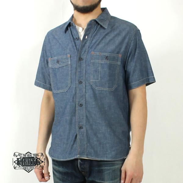 エイトジー シャンブレーシャツ 半袖 メンズ 2025春夏 新作 アメカジ 無地 インディゴ 日本製...