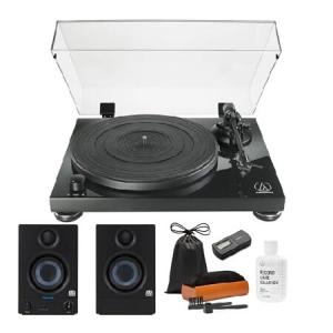 Audio-Technica AT-LPW50PB Fully Manual Belt-Drive Turntable with PreSonus Eris E3.5 Monitors (Pair) and Cleaning Kit Bundle (3 Items)