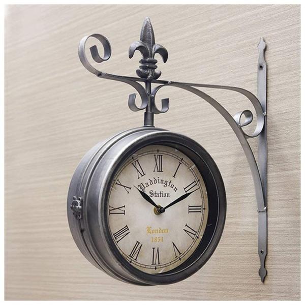 秋月貿易 壁掛両面時計 ステーションクロック ボースサイド L アンティークシルバー 新品 送料無料...