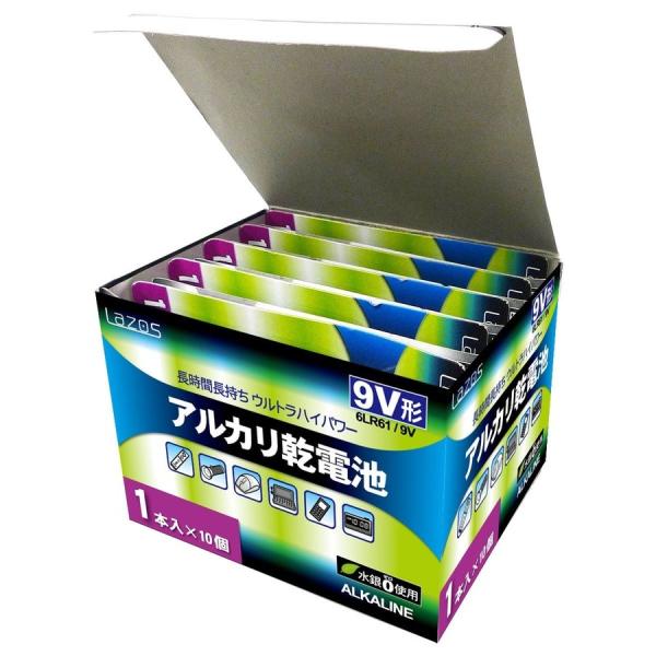 Lazos リーダーメディアテクノ 9Vアルカリ乾電池10本セット 1本入10パック B-LA-9V...