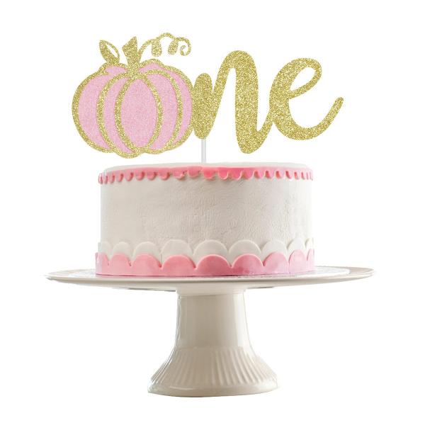 パンプキン 1 ケーキトッパー ゴールドとピンク - ピンク 秋のテーマ 誕生日 ベビーシャワーデコ...