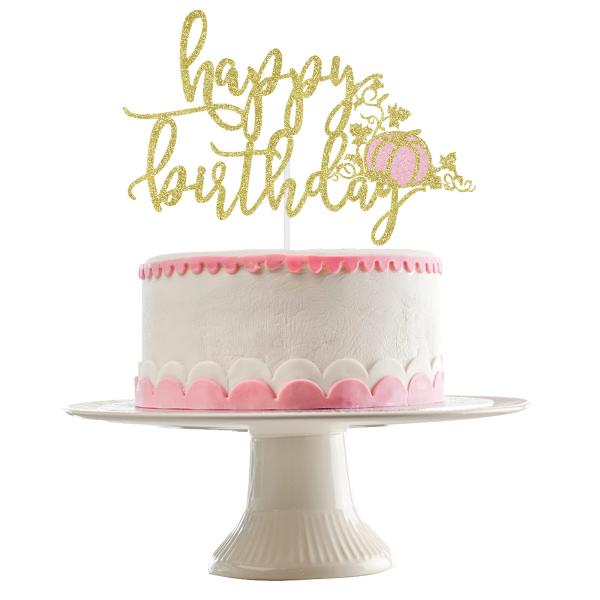 パンプキン ハッピーバースデー ケーキトッパー ゴールドとピンクのキラキラ- パンプキン バースデー...