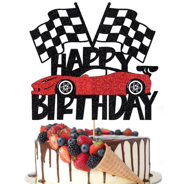 Crseniny Happy Birthday ケーキトッパー レースカーケーキトッパー 誕生日サイ...