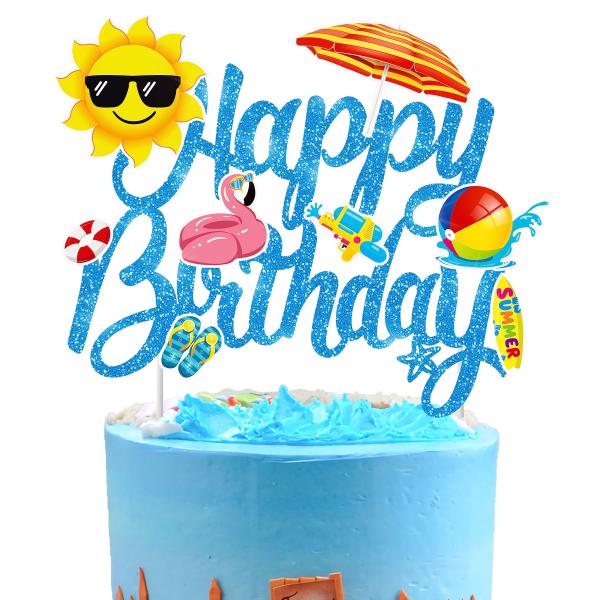 サマービーチケーキトッパー スイミングプール 誕生日ケーキピック ハワイビーチ ハッピーバースデー ...