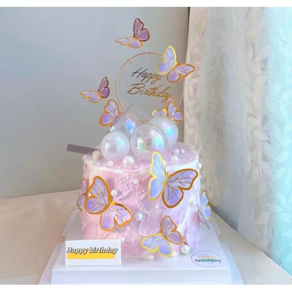 20個 バタフライケーキデコレーション Happy Birthdayメタルゴールドアクリルケーキトッ...