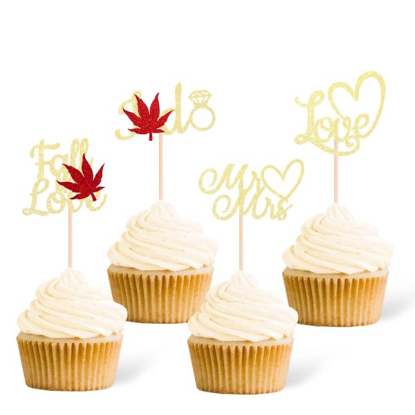 Gexolenu 24個 Fall in Love カップケーキトッパー グリッター レッドメープル...