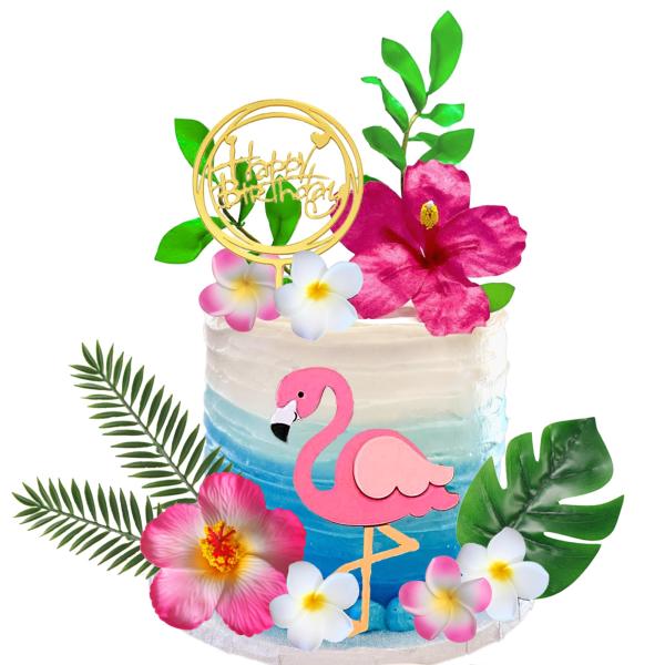 DRWATE フラミンゴケーキトッパー 造花ヤシの葉 ケーキデコレーション 誕生日 夏 トロピカル ...