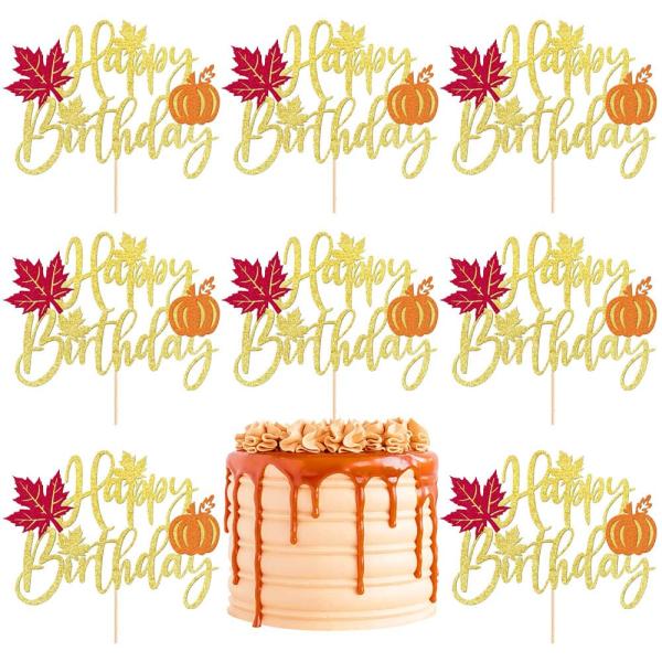 8パック 秋 感謝祭 ケーキトッパーセット ゴールド グリッター メープルリーフ パンプキン カップ...
