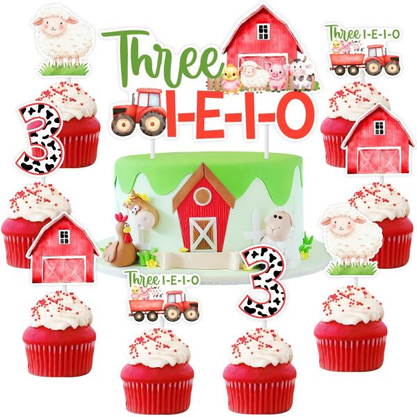 Cheereveal 13ピース ファーム3歳の誕生日ケーキデコレーション、THREE E I O ...