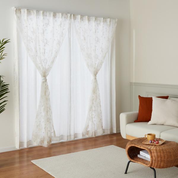 【新品未使用】ドレッシー UV 紫外線カット箔プリント生地 ＆刺しゅうオーガンジー 二重レースカーテ...